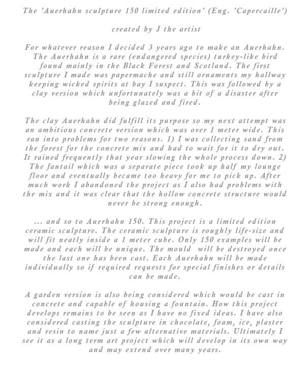 For whatever reason I decided 3 years ago to make an Auerhahn. The Auerhahn is a rare (endangered species) turkey-like bird found mainly in the Black Forest and Scotland. The first sculpture I made was papermache and still ornaments my hallway keeping wicked spirits at bay I suspect. This was followed by a clay version which unfortunately was a bit of a disaster after being glazed and fired. The clay Auerhahn did fulfill its purpose so my next attempt was an ambitious concrete version which was over 1 meter wide. This ran into problems for two reasons. 1) I was collecting sand from the forest for the concrete mix and had to wait for it to dry out. It rained frequently that year slowing the whole process down. 2) The fantail which was a separate piece took up half my lounge floor and eventually became too heavy for me to pick up. After much work I abandoned the project as I had problems with the mix as well and it was clear that the hollow concrete structure would never be strong enough.... and so to Auerhahn 150. This project is a limited edition ceramic sculpture. The ceramic sculpture is roughly life-size and will fit neatly inside a 1 meter cube. Only 150 examples will be made and each will be unique. The mould will be destroyed once the last one has been cast. Each Auerhahn will be made individually so if required All requests for special finishes or details will be considered.A garden version is also being considered which would be cast in concrete and capable of housing a fountain. How this project develops remains to be seen as I have no fixed ideas. I have also considered casting the sculpture in chocolate, foam, ice, plaster, resin to name just a few of other possible materials. Ultimately I see it as a long term art project which will develop in its own way and may extent over many years.