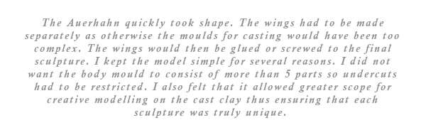 The Auerhahn quickly took shape. The wings had to be made separately as otherwise the moulds for casting would have been too complex. The wings cast separately would be glued or screwed to the final sculpture. The model was kept simple for several reasons. I did not want the body mould to be more than 5 pieces so undercuts had to be restricted. I also felt that it allowed greater scope for creative modelling on the cast clay thus ensuring that each sculpture was truly unique.