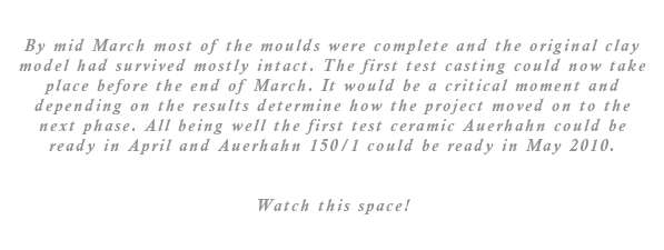 By mid march most of the moulds were complete and the original clay model had survived mostly intact. The first test casting could now take place before the end of March. It would be a critical moment and depending on the results determine how the project moved on to the next phase. All being well the first test ceramic Auerhahn could be ready in April and Auerhahn 150/1 could be ready in May 2010.Watch this space!