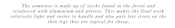 The armature is made up of sticks found in the forest and reinforced with aluminium and plaster. This makes the final work relatively light and easier to handle and also puts less stress on the thin legs that are typical for sheep.
